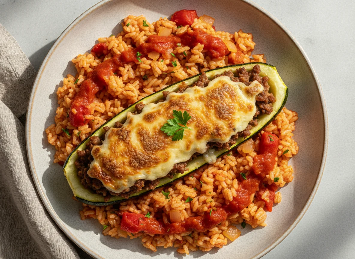 Gefüllte Zucchini mit Tomatenreis photo