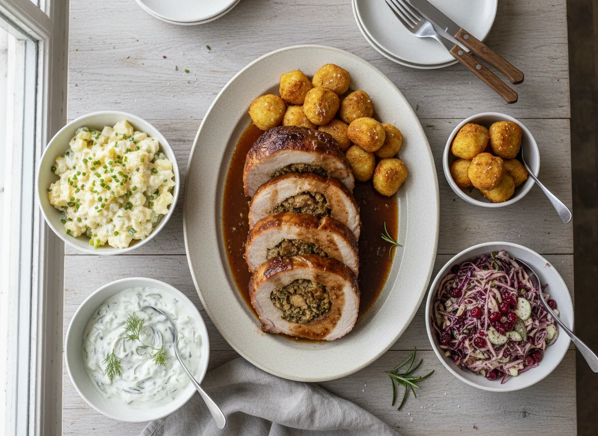 Gefüllter Braten mit Beilagen photo
