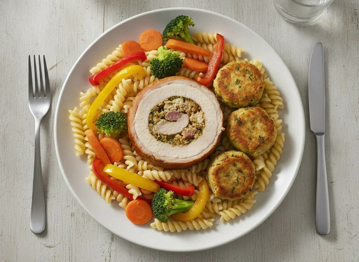Gefüllter Braten mit Nudeln und Gemüse photo