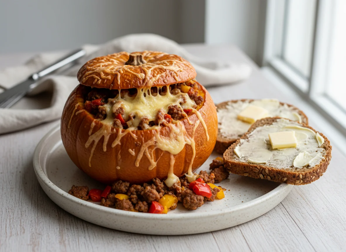 Gefüllter Kürbis mit Hackfleisch und Butterbrot photo