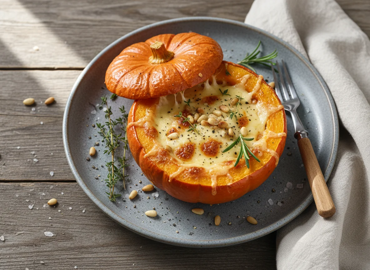 Gefüllter Kürbis mit Käse und Pinienkernen photo