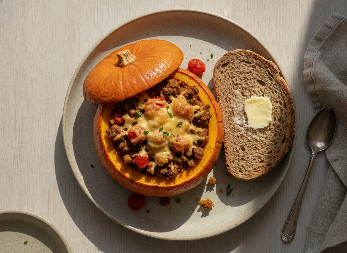 Gefüllter Kürbis mit Veggie Hack und Brot photo
