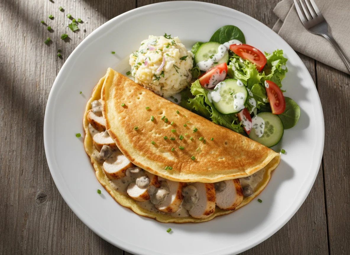 Gefüllter Pfannkuchen mit Hähnchen und Salat photo