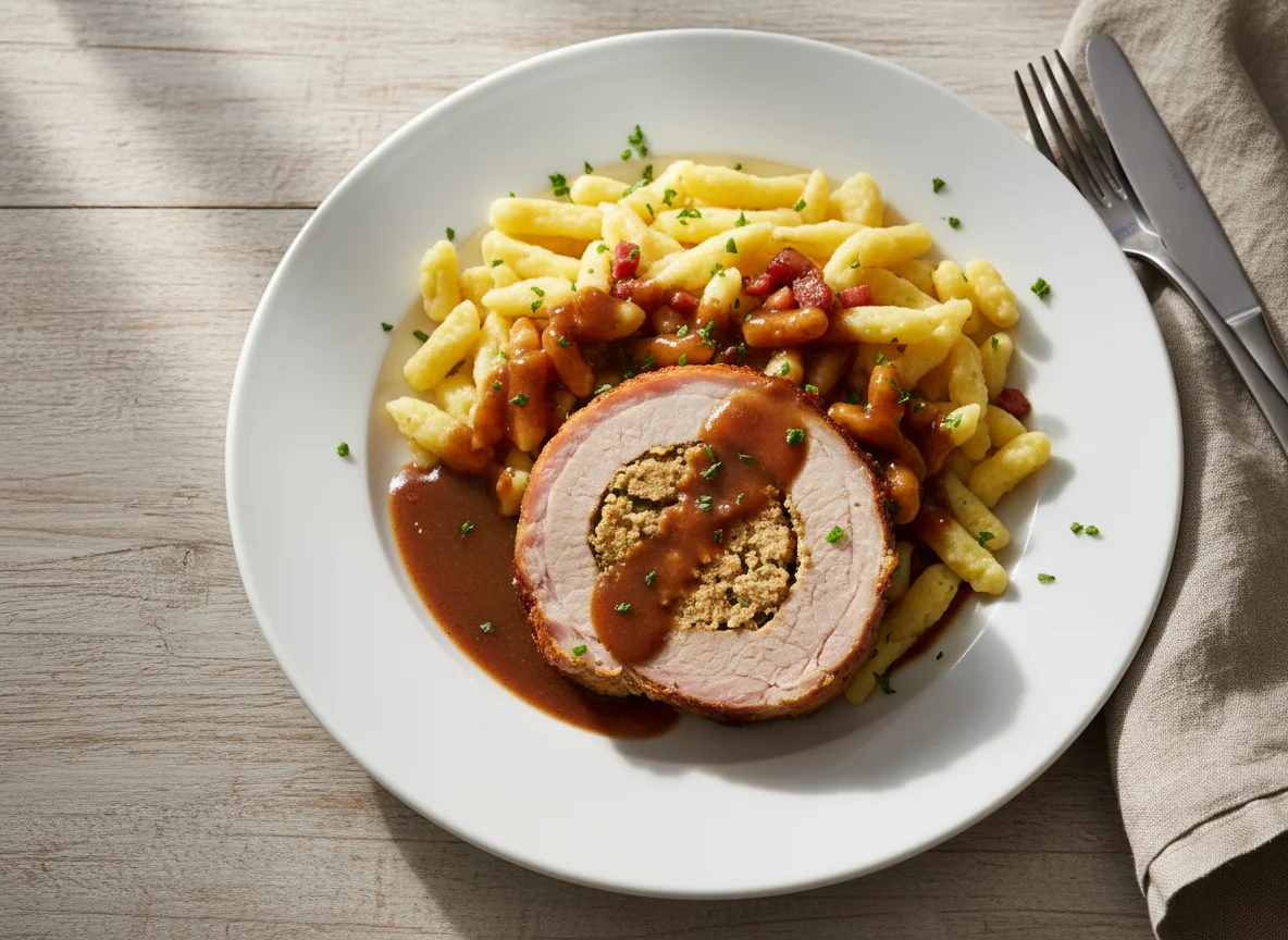 Gefüllter Schweinebraten mit Spätzle und Soße photo