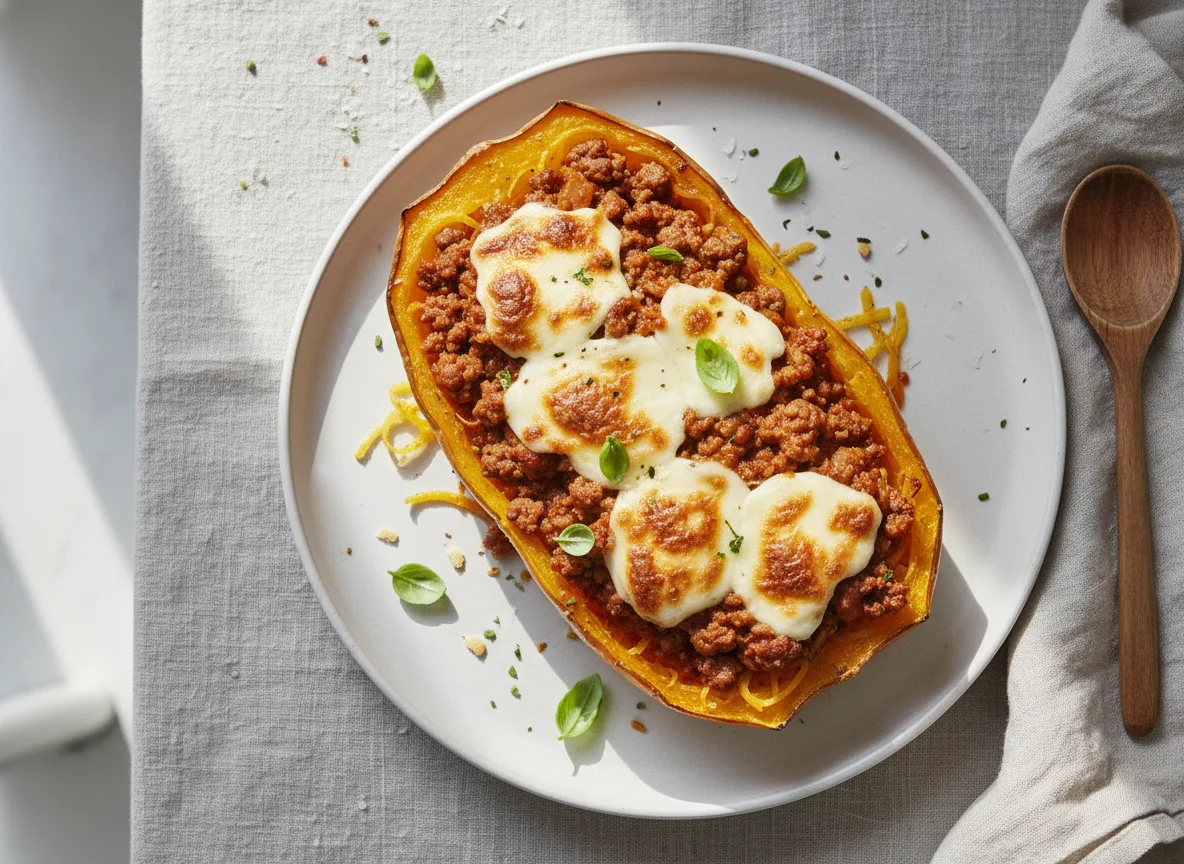 Gefüllter Spaghettikürbis mit Hackfleisch und Käse photo
