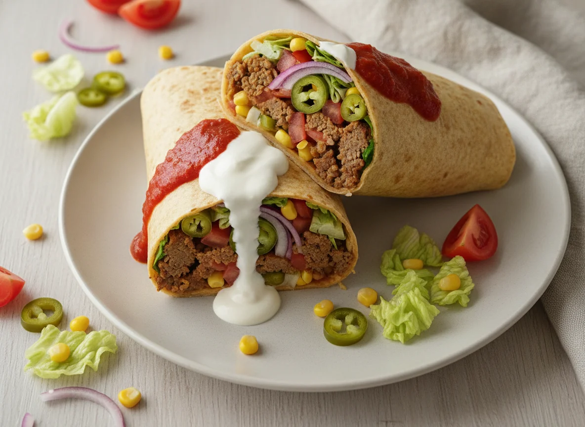 Gefüllter Tortilla-Wrap mit Hackfleisch und Gemüse photo