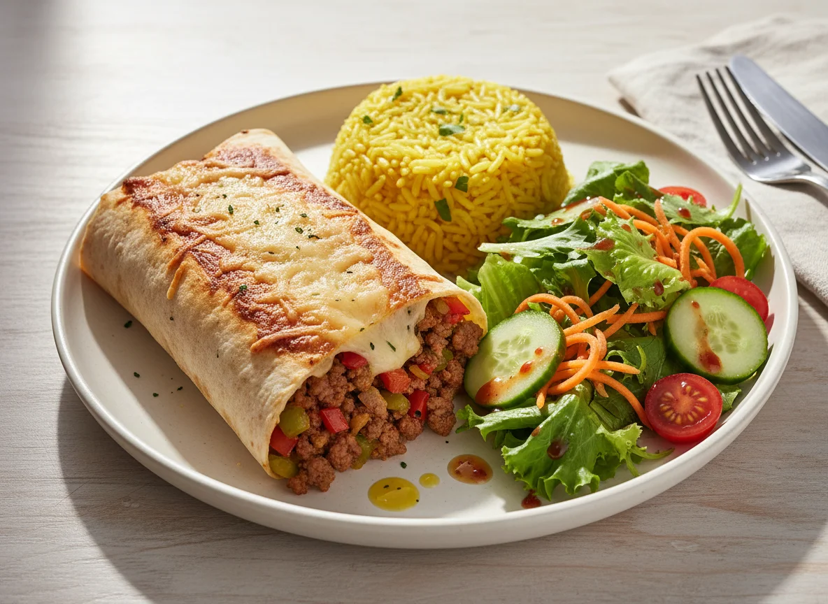Gefüllter Wrap mit Reis und Salat photo