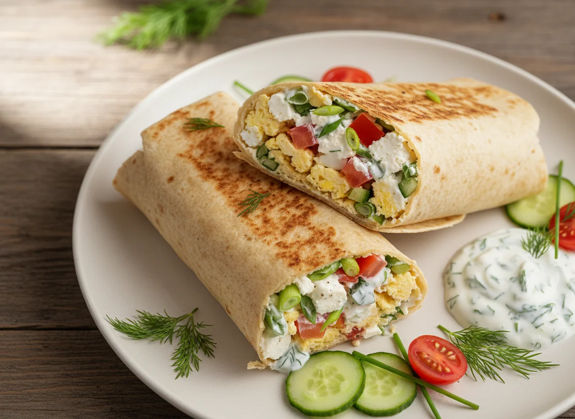 Gefüllter Wrap mit Rührei, Feta und Gemüse photo