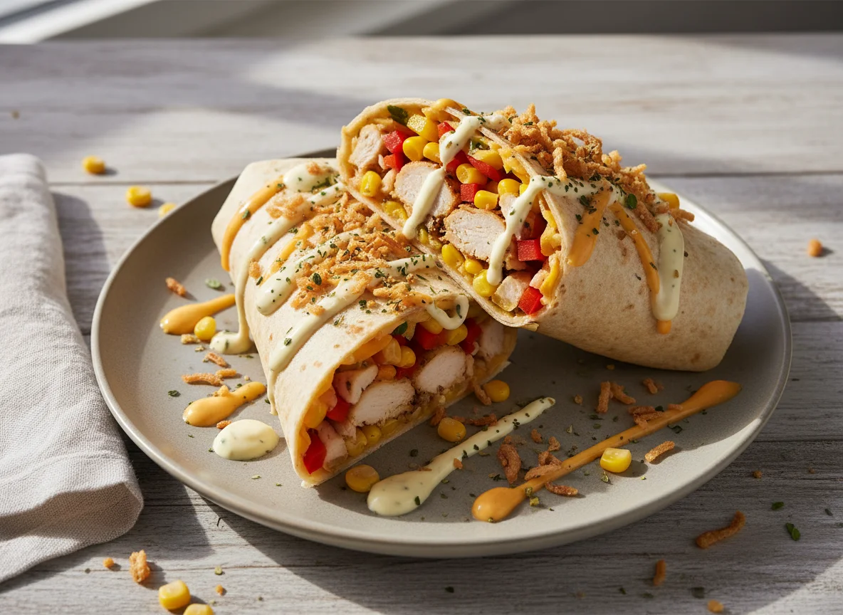 Gefüllter Wrap mit Saucen und Röstzwiebeln photo