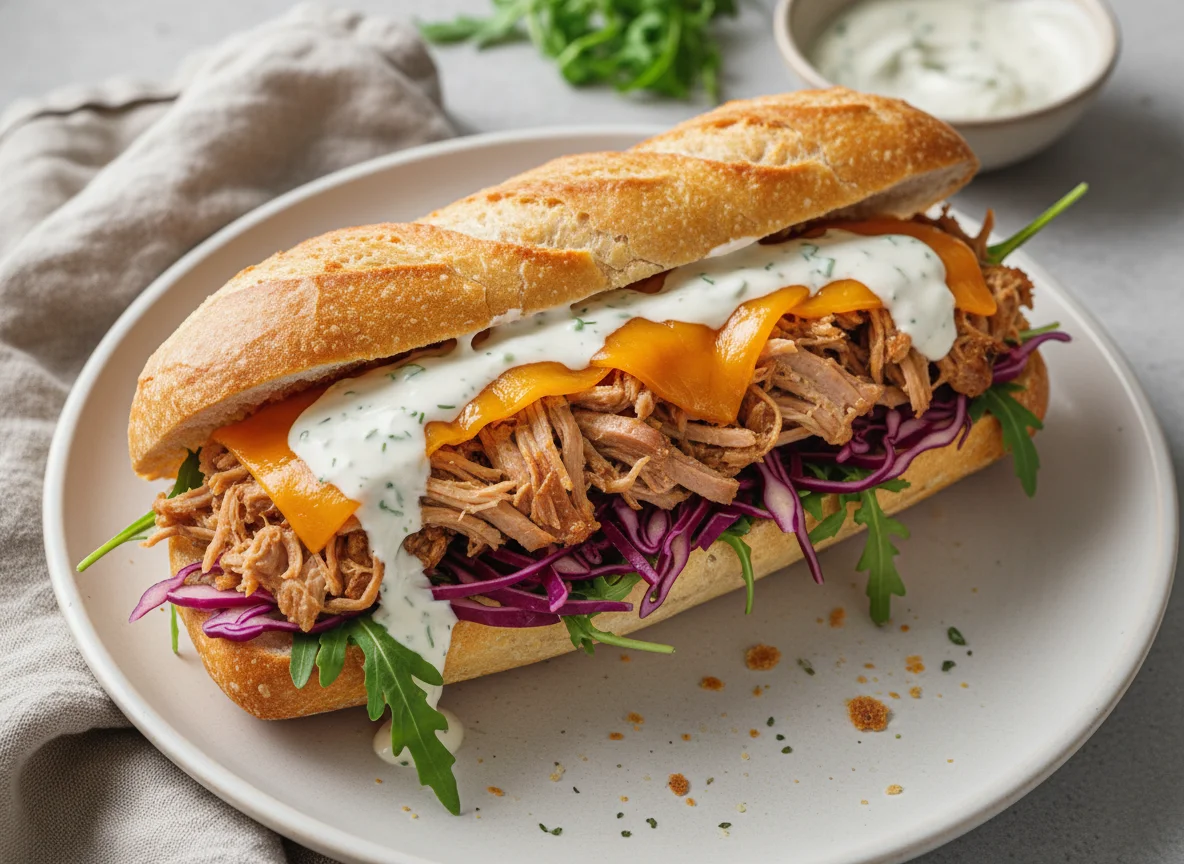 Gefülltes Baguette mit Fleisch und Käse photo