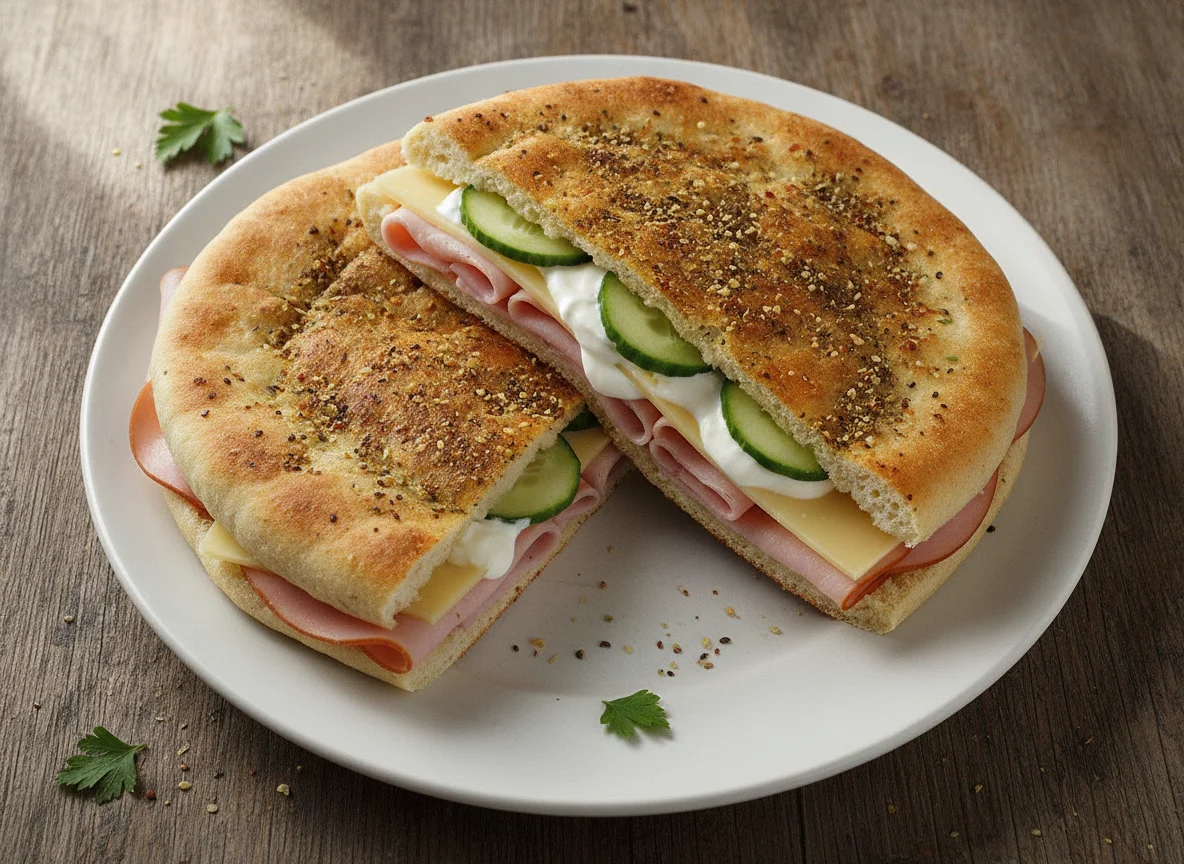 Gefülltes Fladenbrot mit Schinken und Käse photo