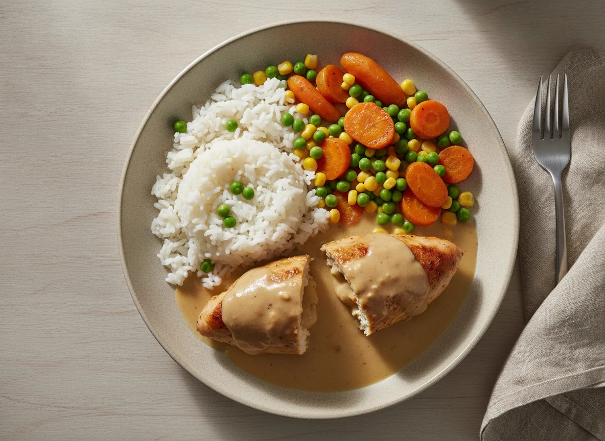 Gefülltes Hähnchen mit Reis und Gemüse photo