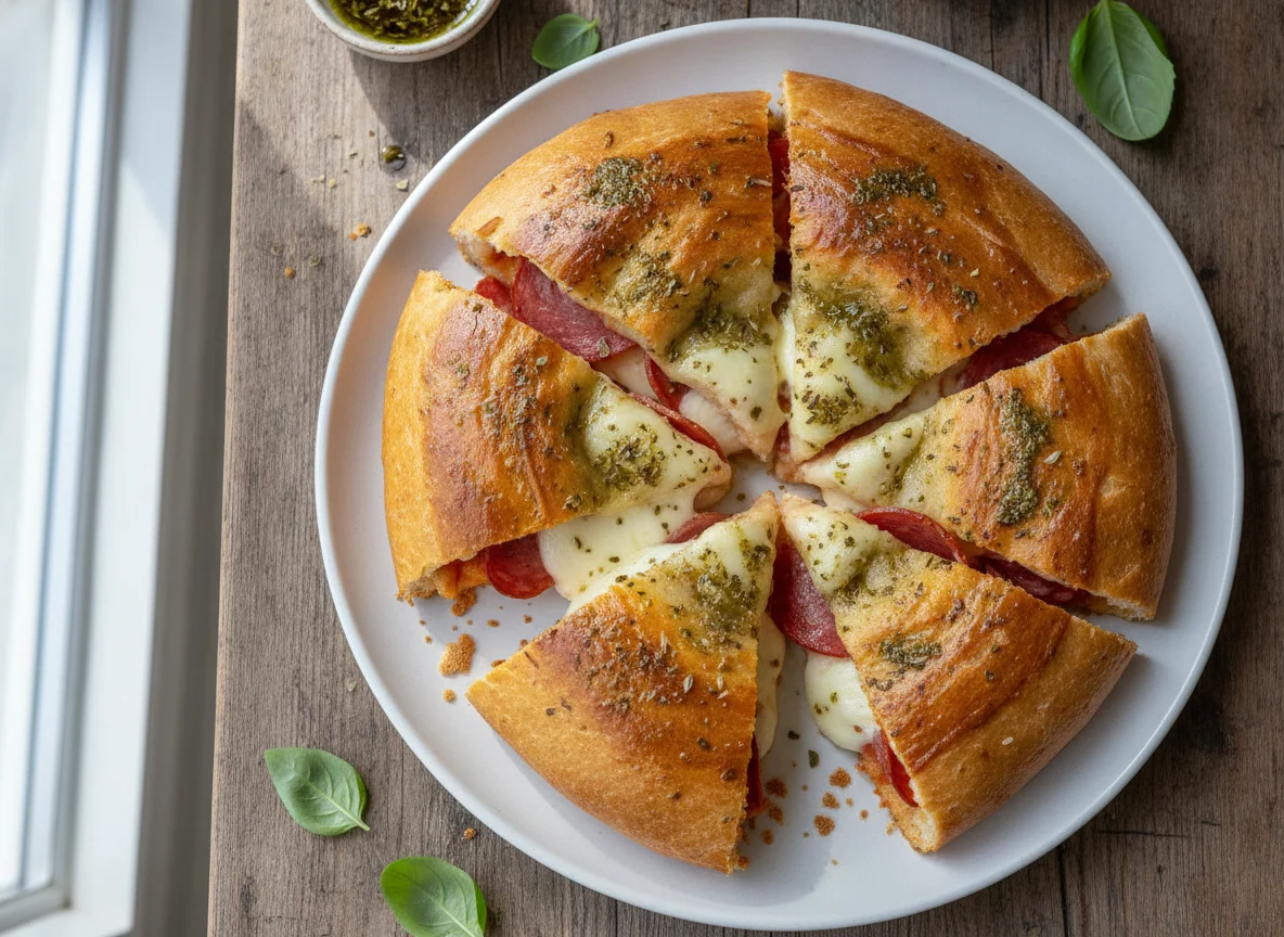 Gefülltes Pizzabrot mit Salami und Käse photo