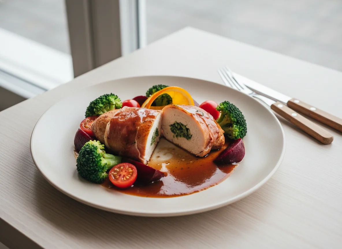 Gefülltes Poulet mit Brokkoli und Roter Bete photo