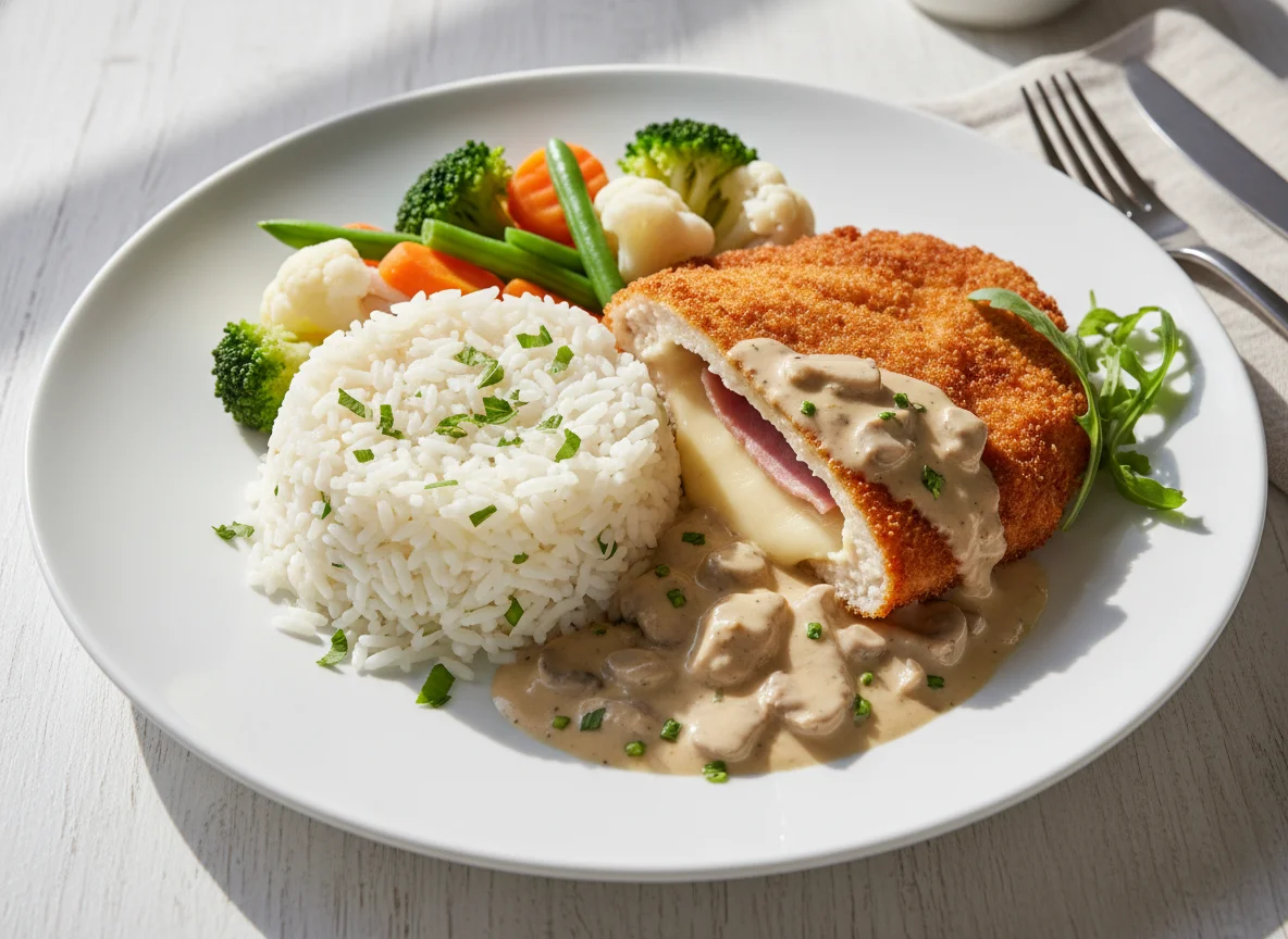 Gefülltes Schnitzel mit Reis, Gemüse und Sauce photo