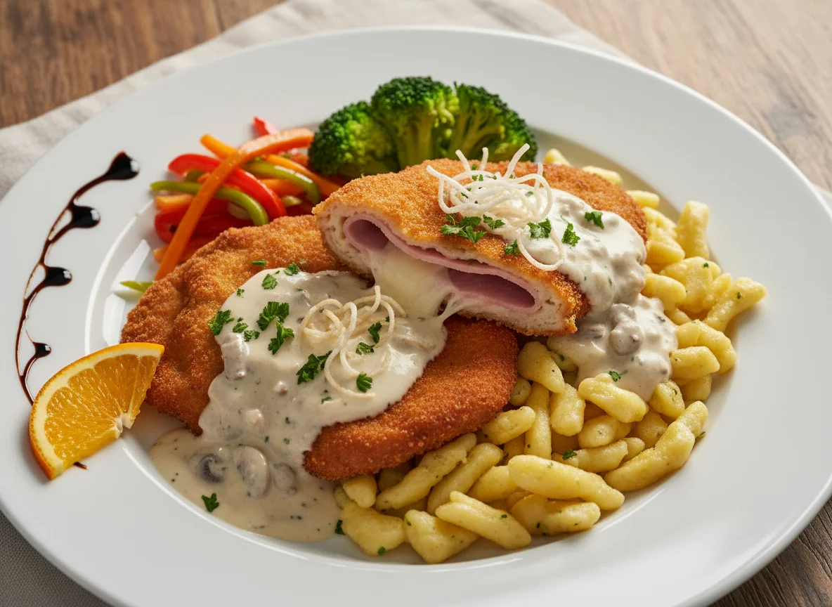 Gefülltes Schnitzel mit Spätzle und Rahmsauce photo