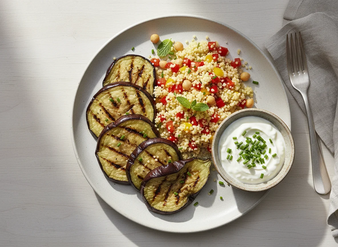 Gegrillte Aubergine mit Couscous und Joghurt-Dip photo