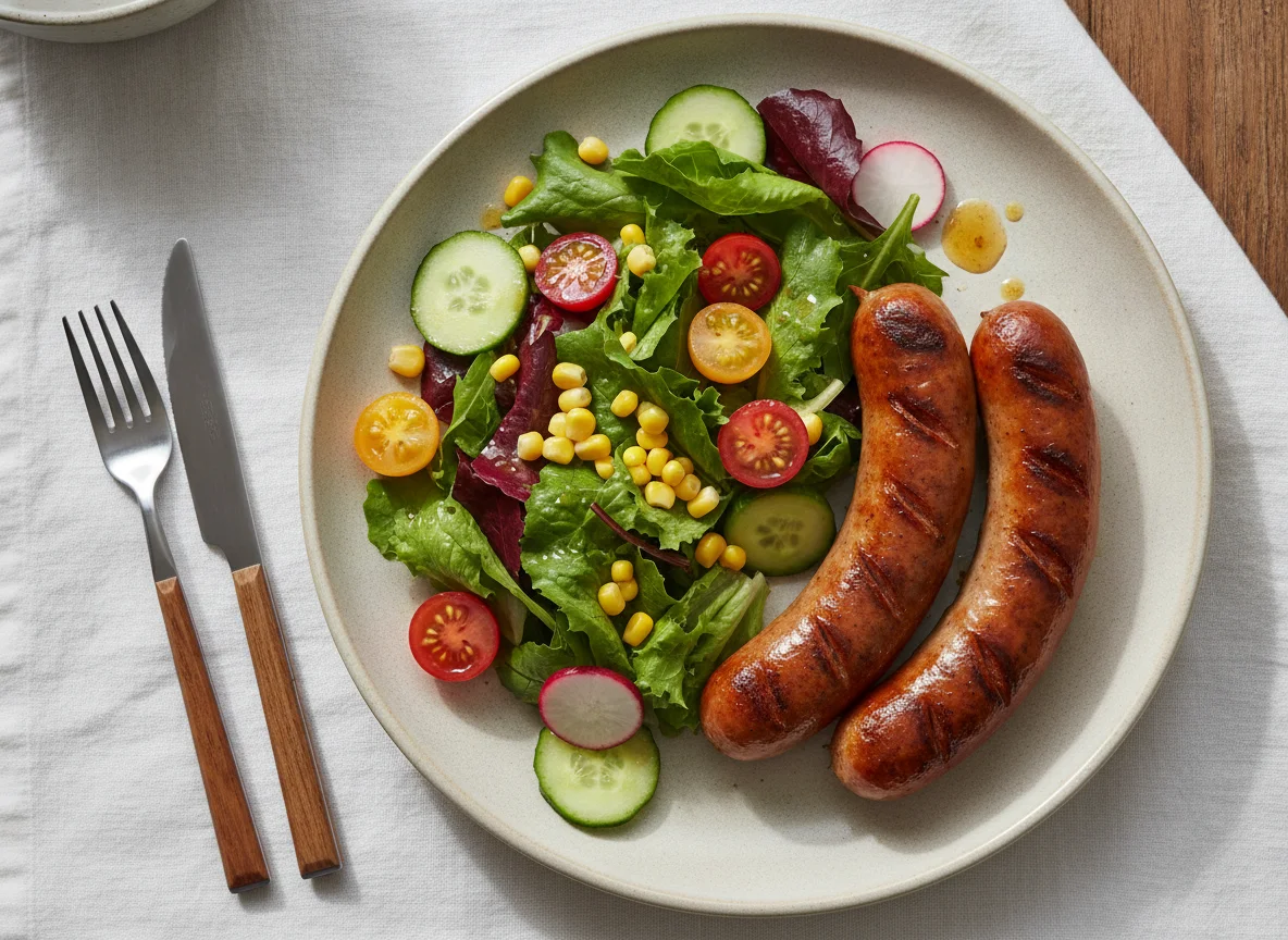 Gegrillte Bratwurst mit gemischtem Salat photo