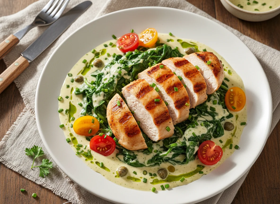 Gegrillte Hähnchenbrust auf Blattspinat mit Sahnesauce photo