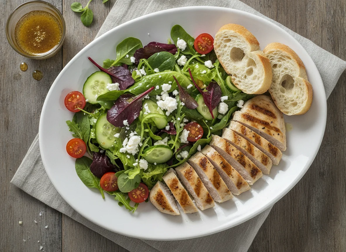 Gegrillte Hähnchenbrust mit gemischtem Salat und Baguette photo