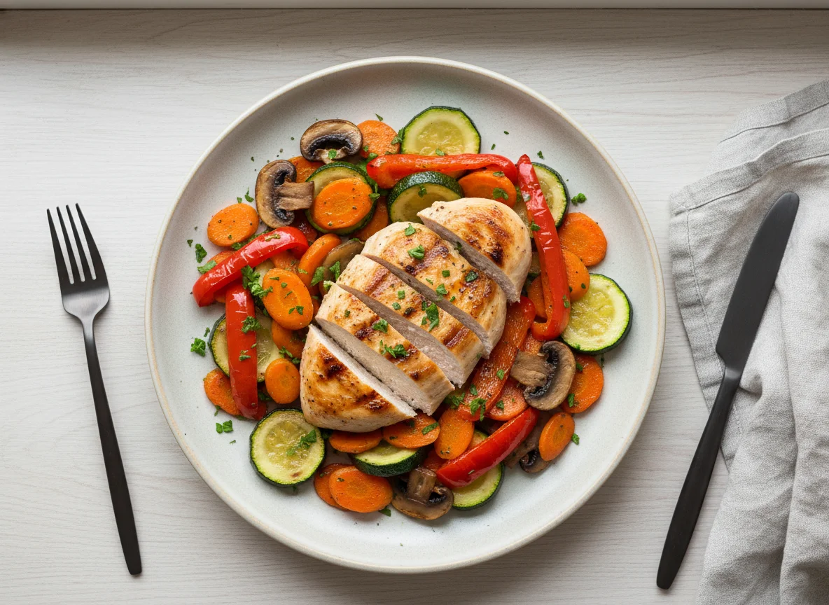 Gegrillte Hähnchenbrust mit Pfannengemüse photo