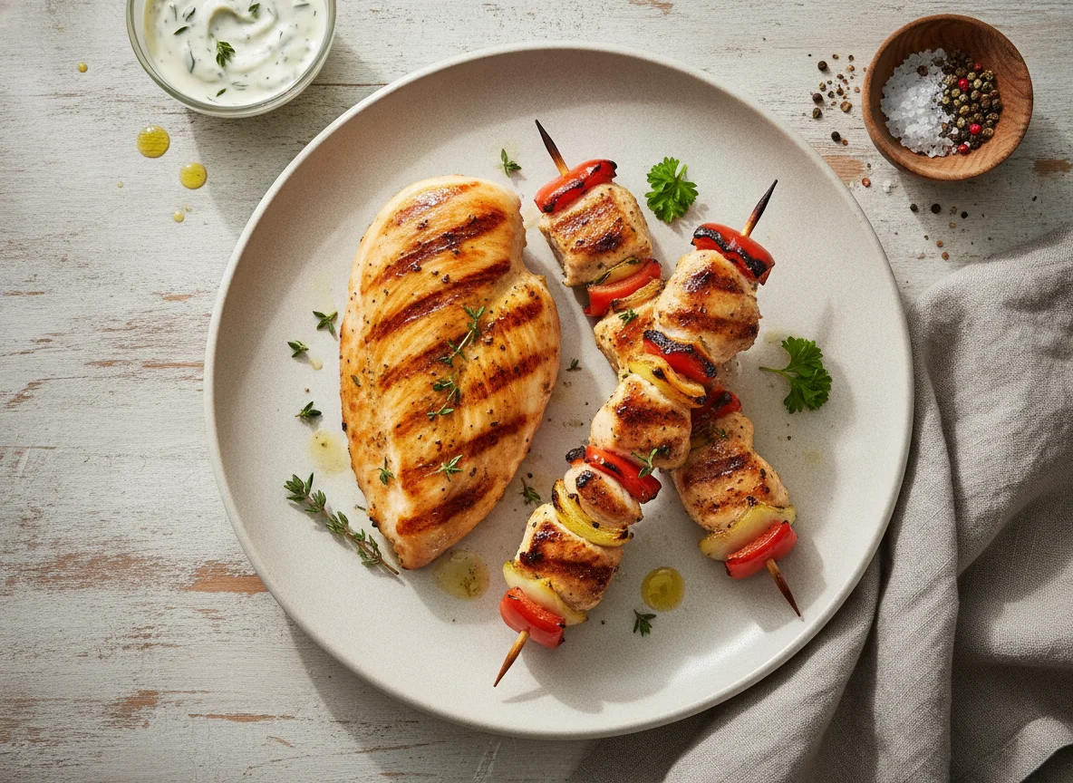 Gegrillte Hähnchenbrust und Hähnchenspieß photo