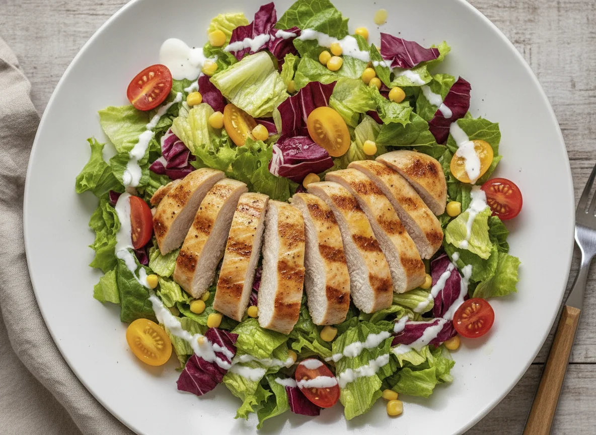 Gegrillte Hühnerstreifen auf gemischtem Salat photo