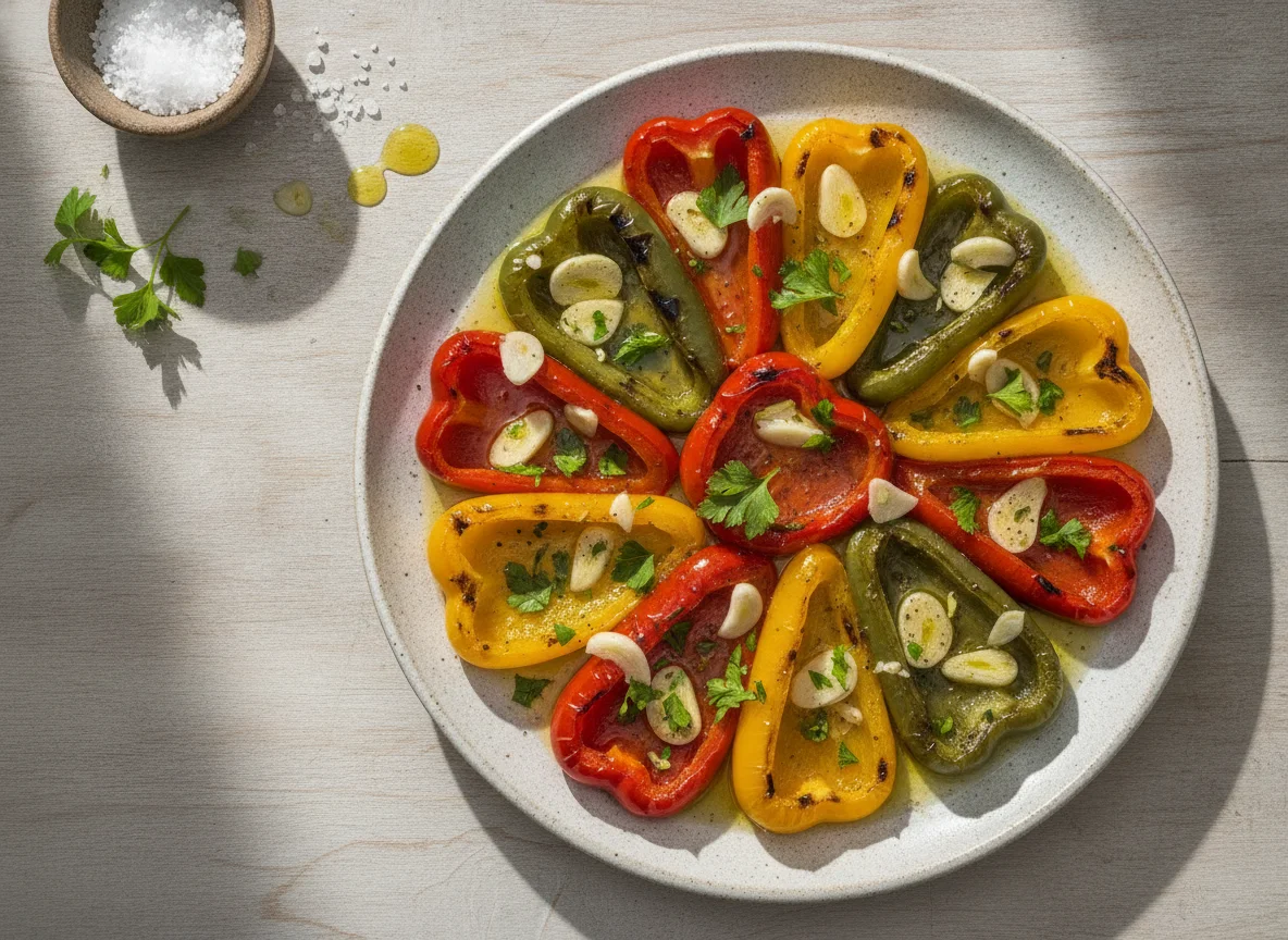 Gegrillte Peperoni mit Knoblauch und Öl photo