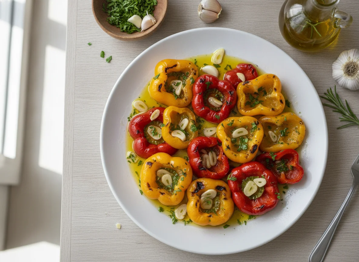 Gegrillte Peperoni mit Knoblauchöl photo