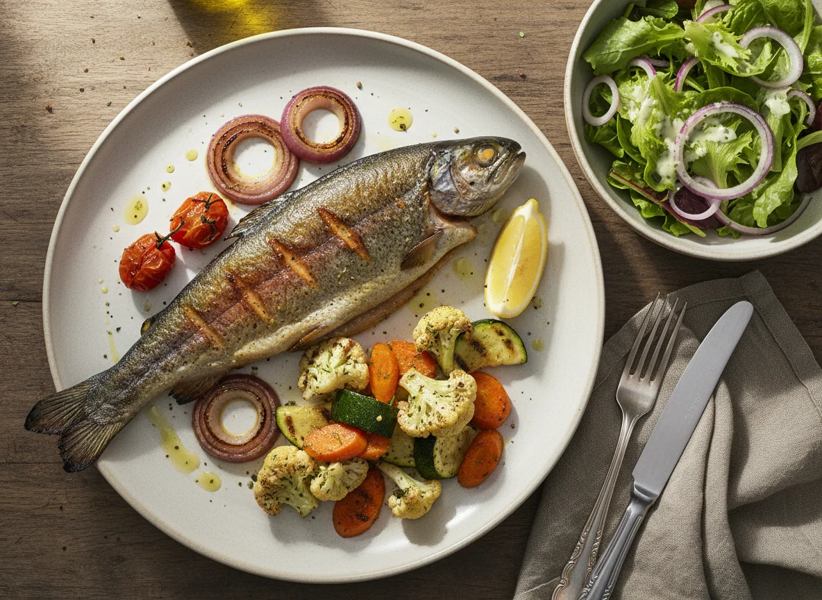 Gegrillter Fisch mit Gemüse und Salat photo