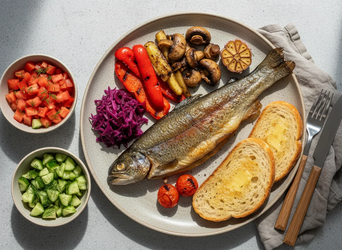 Gegrillter Fisch mit Gemüse und Toast photo