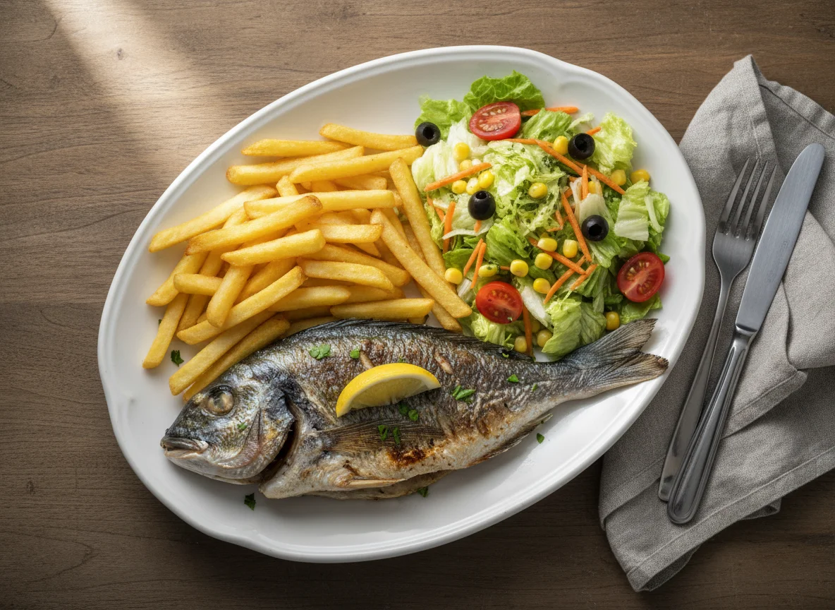 Gegrillter Fisch mit Pommes und Salat photo