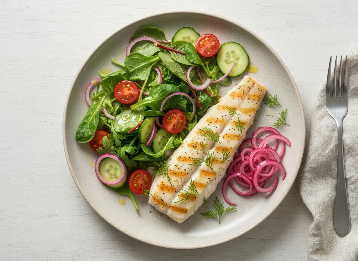 Gegrillter Fisch mit Salat und Zwiebel photo