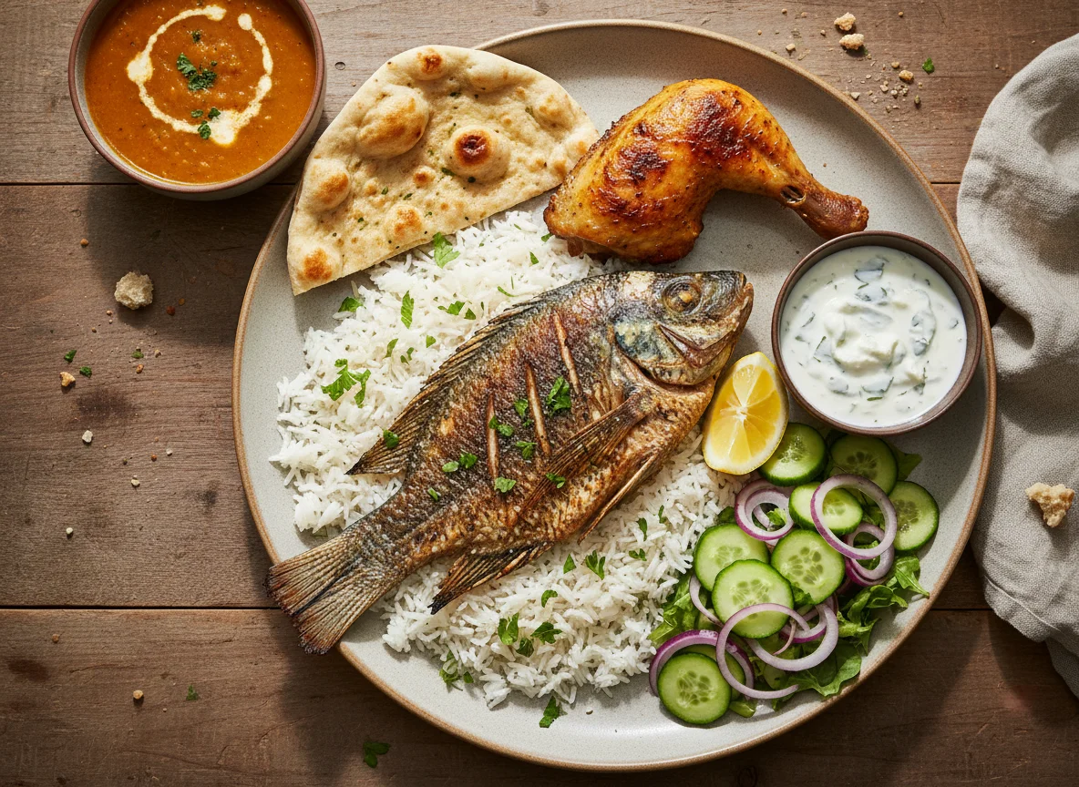 Gegrillter Fisch und Hähnchen mit Reis und Beilagen photo