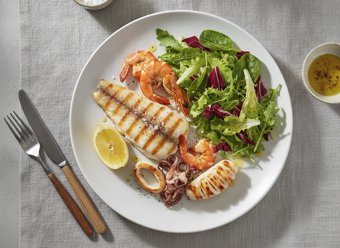Gegrillter Fisch und Meeresfrüchte mit Salat photo