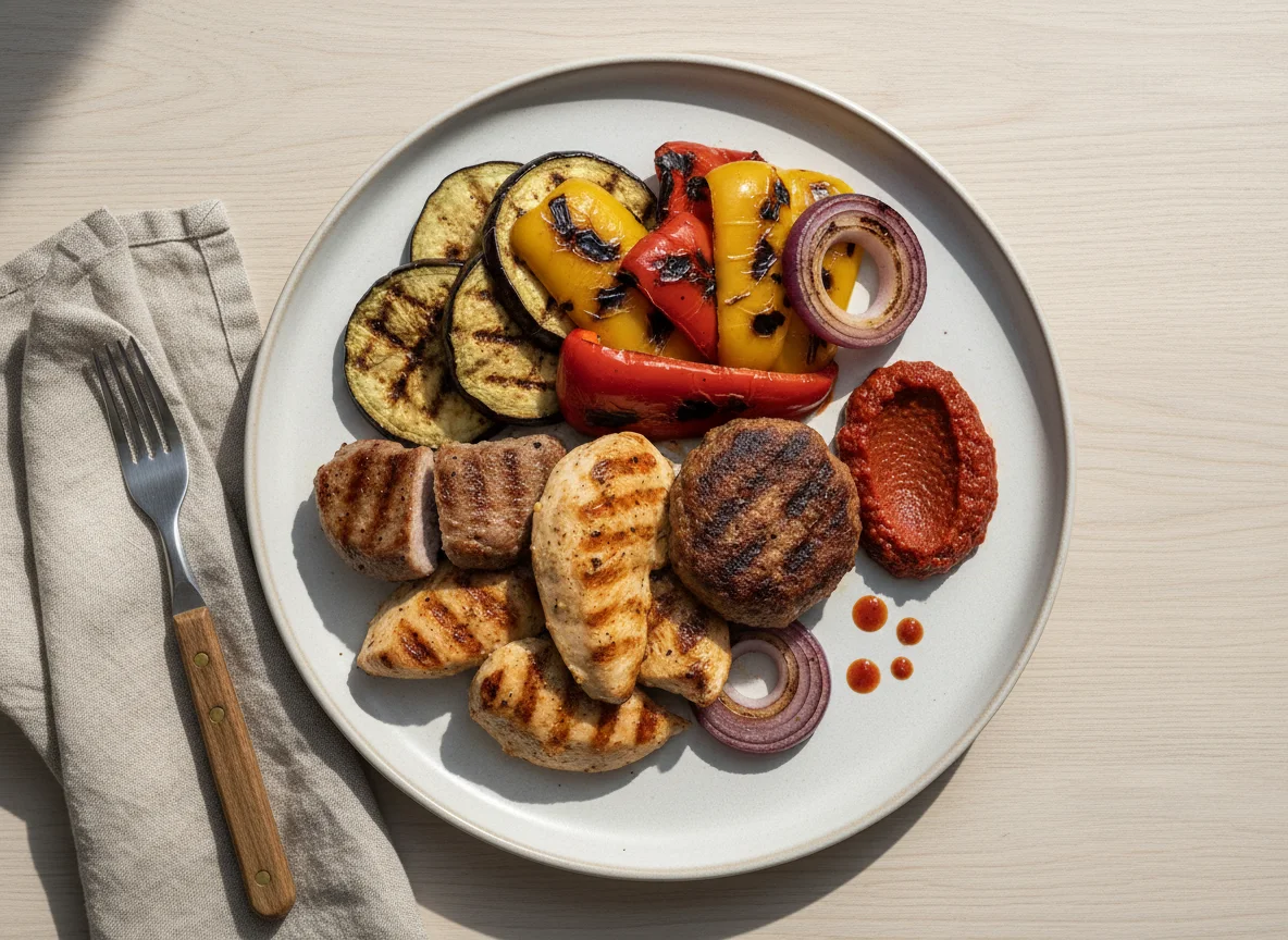 Gegrillter Fleisch-Mix mit Gemüse und Ajvar photo