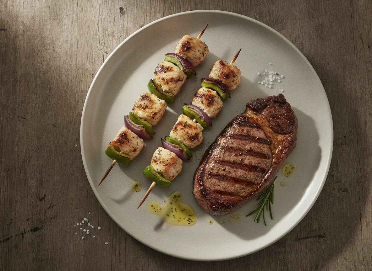 Gegrillter Hähnchenspieß und Rindersteak photo