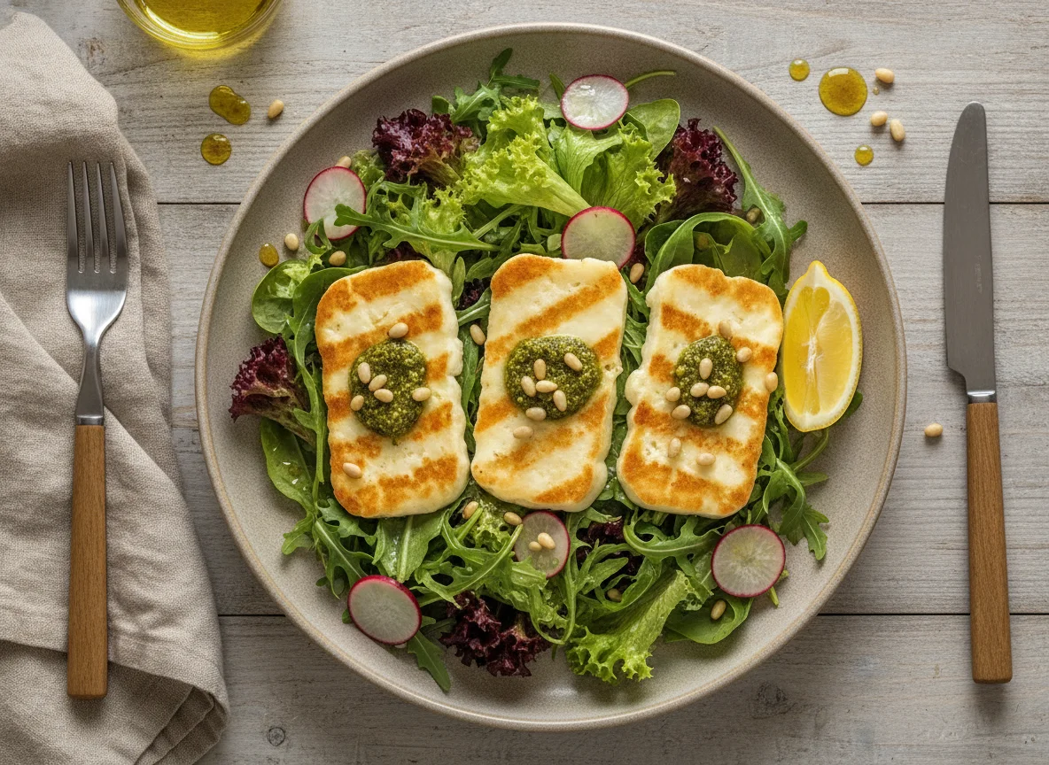 Gegrillter Halloumi mit gemischtem Salat photo