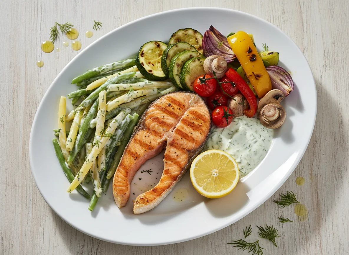 Gegrillter Lachs mit Gemüse und Bohnensalat photo