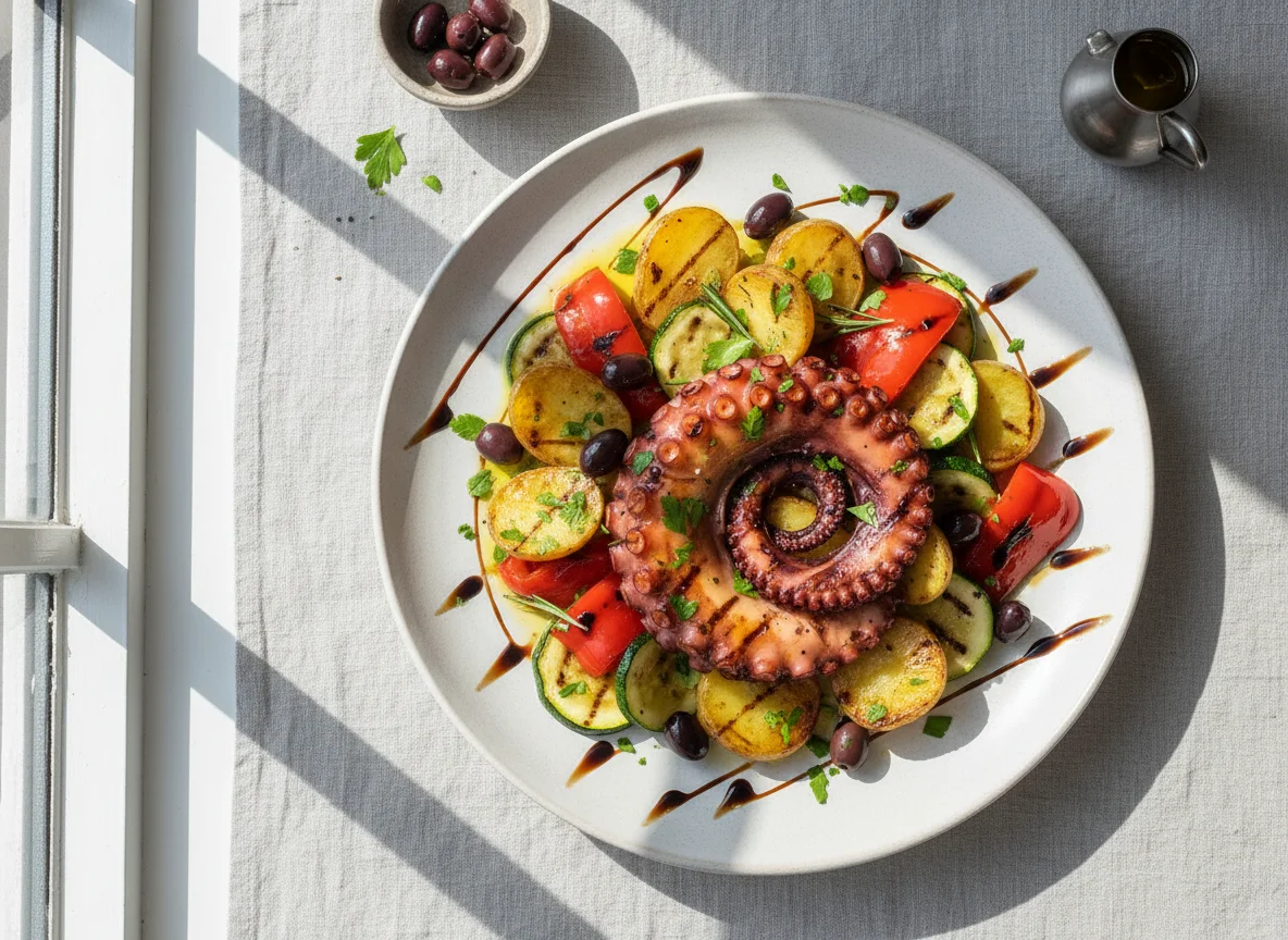 Gegrillter Oktopus mit Kartoffeln und Gemüse photo