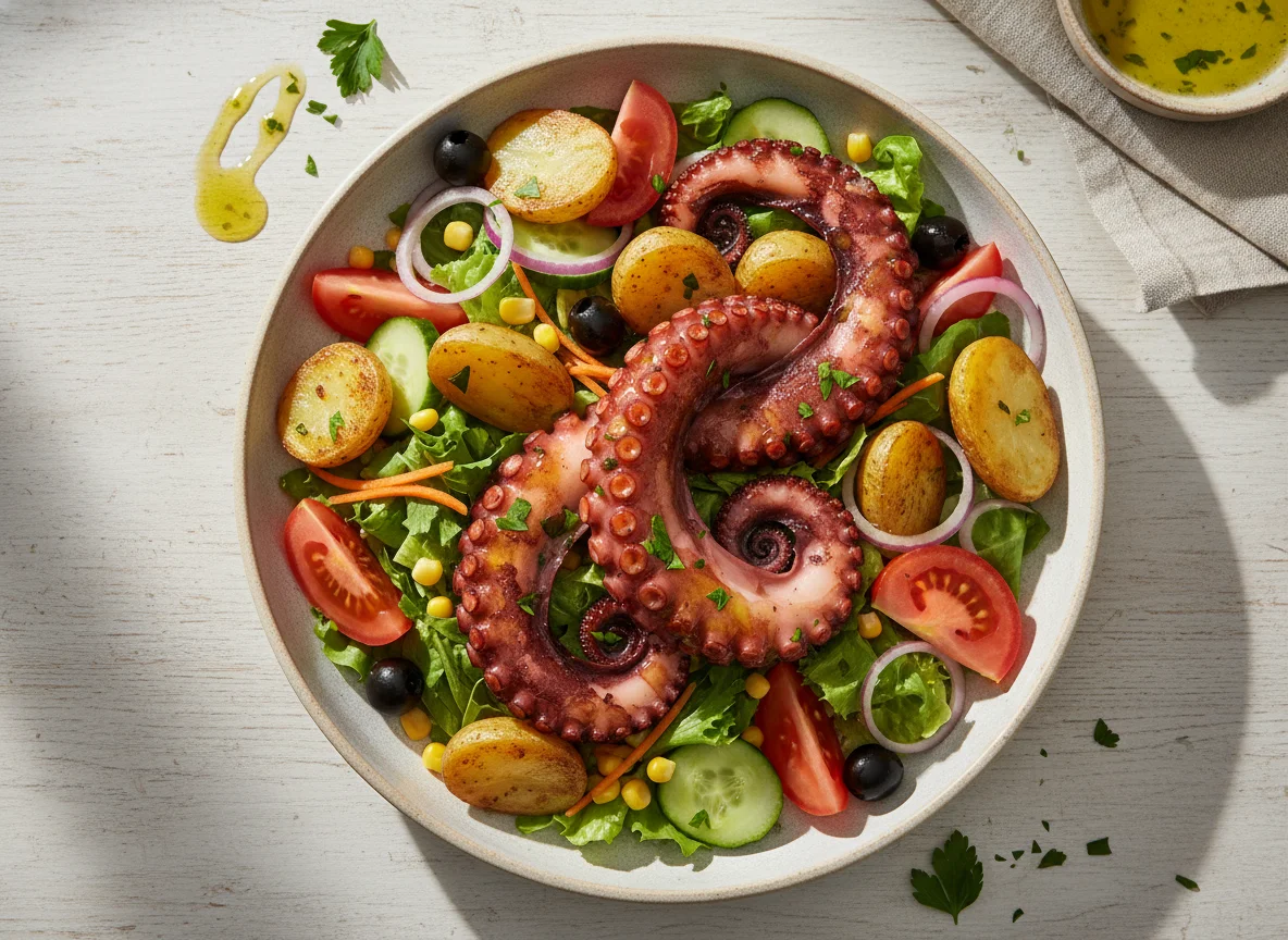 Gegrillter Oktopus mit Kartoffeln und Salat photo