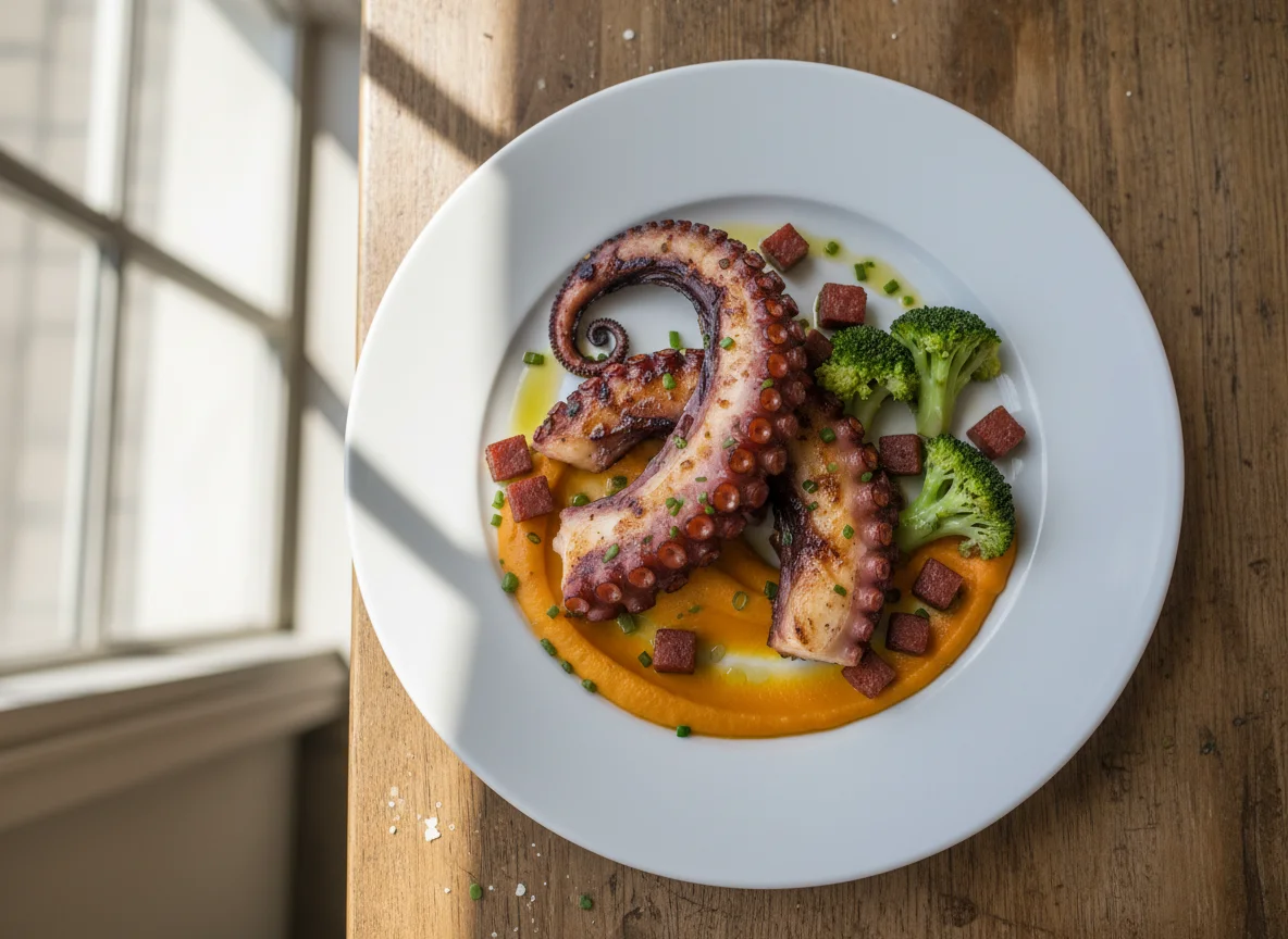Gegrillter Oktopus mit Süßkartoffelpüree, Brokkoli und Chorizo photo