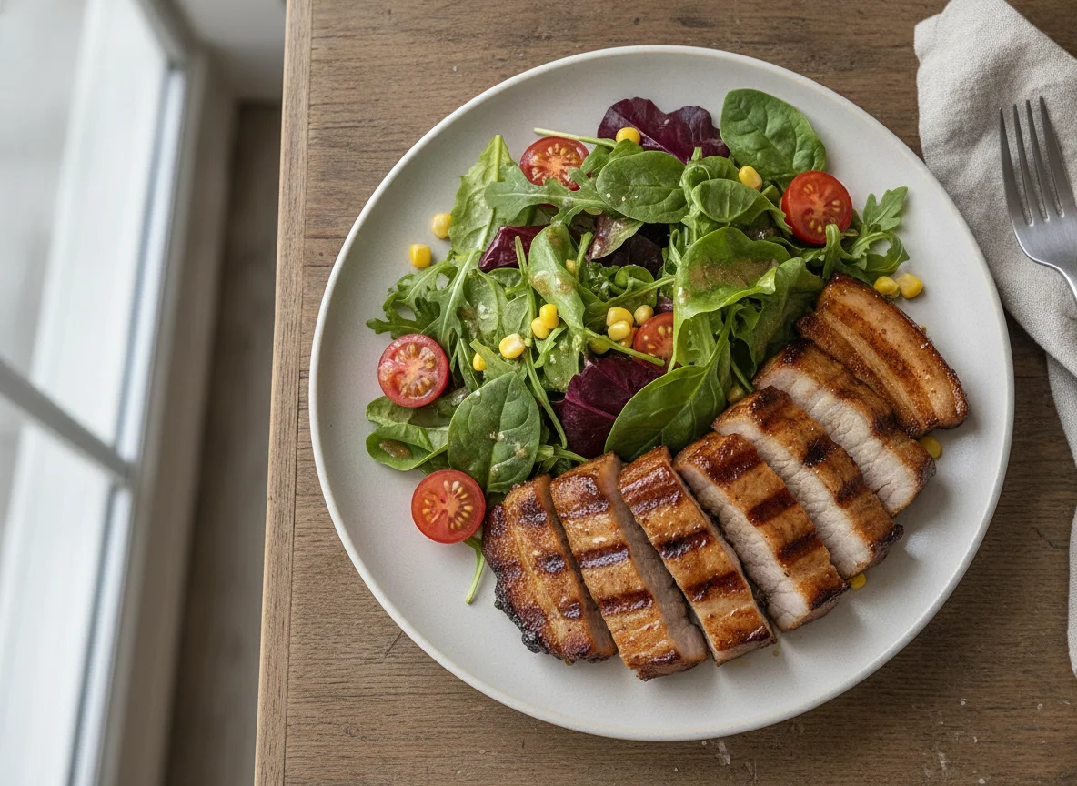 Gegrillter Schweinebauch mit gemischtem Salat photo