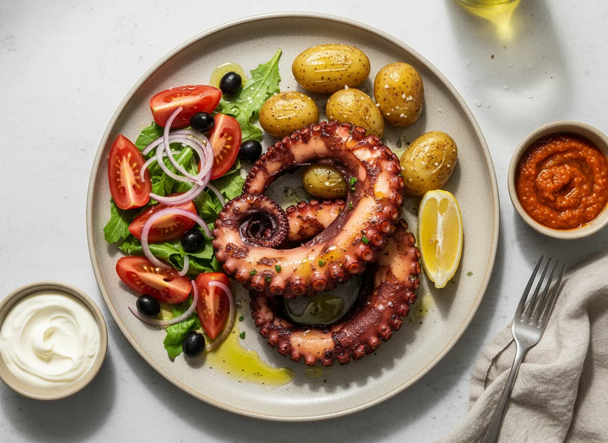 Gegrillter Tintenfisch mit Kartoffeln und Salat photo