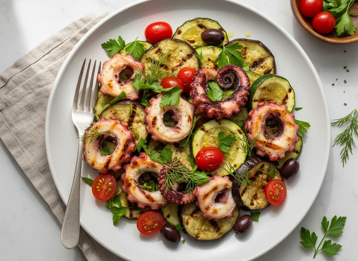 Gegrillter Tintenfischsalat mit Gemüse photo