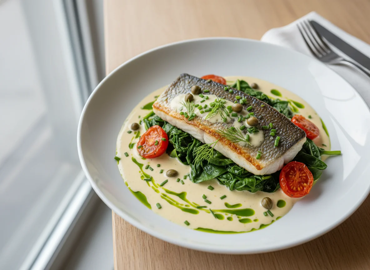 Gegrillter Wolfsbarsch auf Blattspinat mit Beurre Blanc photo
