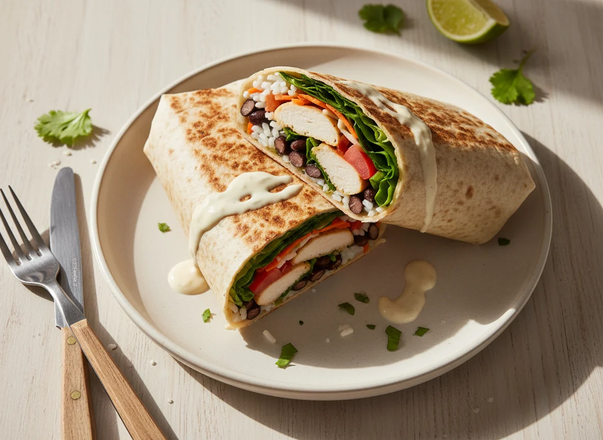 Gegrillter Wrap mit Hähnchen und Bohnen photo