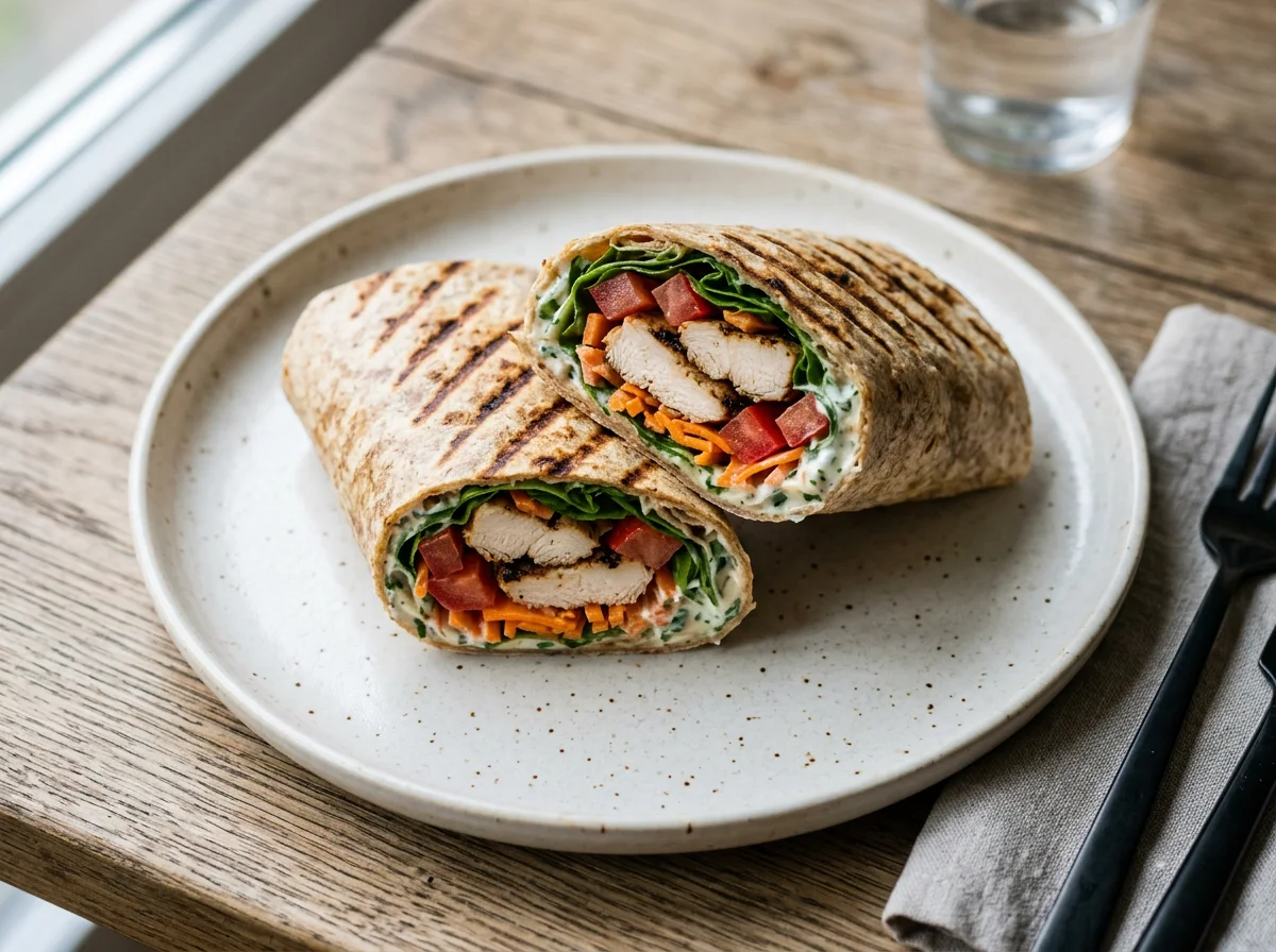 Gegrillter Wrap mit Hähnchen und Gemüse photo