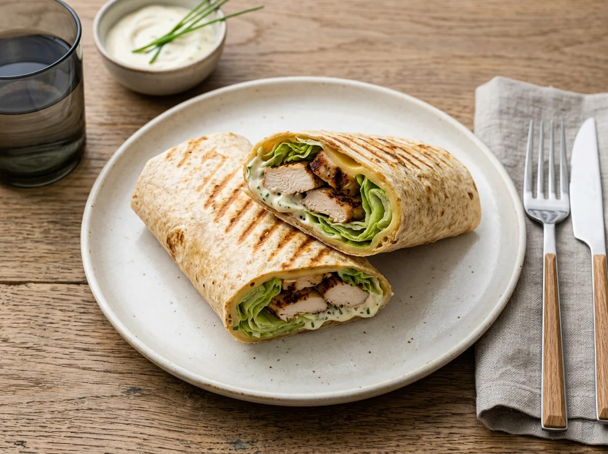 Gegrillter Wrap mit Hähnchen und Salat photo