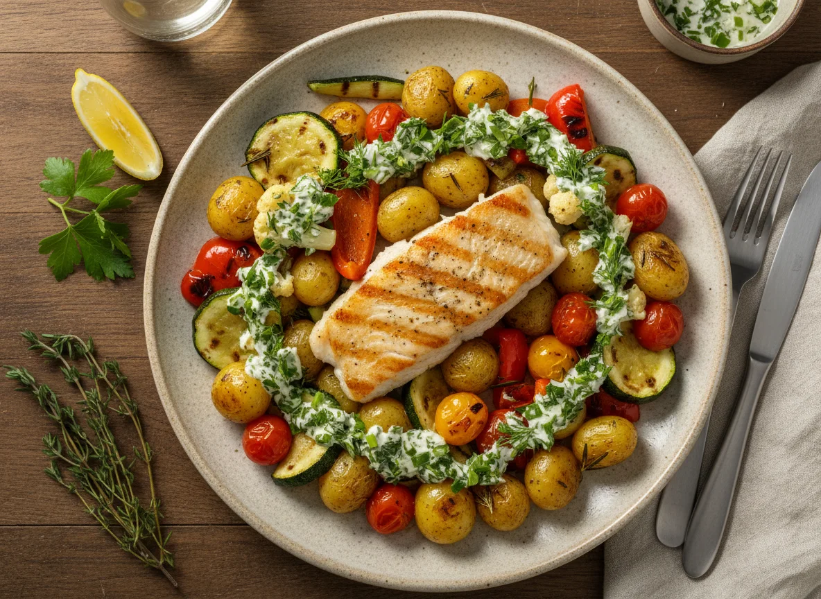 Gegrilltes Fischfilet mit Ofengemüse und Kartoffeln photo
